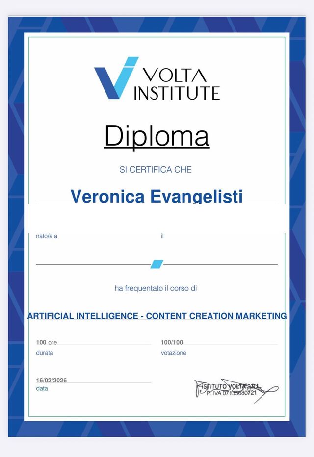 Diploma Volta Institute, Artificial Intelligence, Content Creation Marketing, votazione 100 su 100